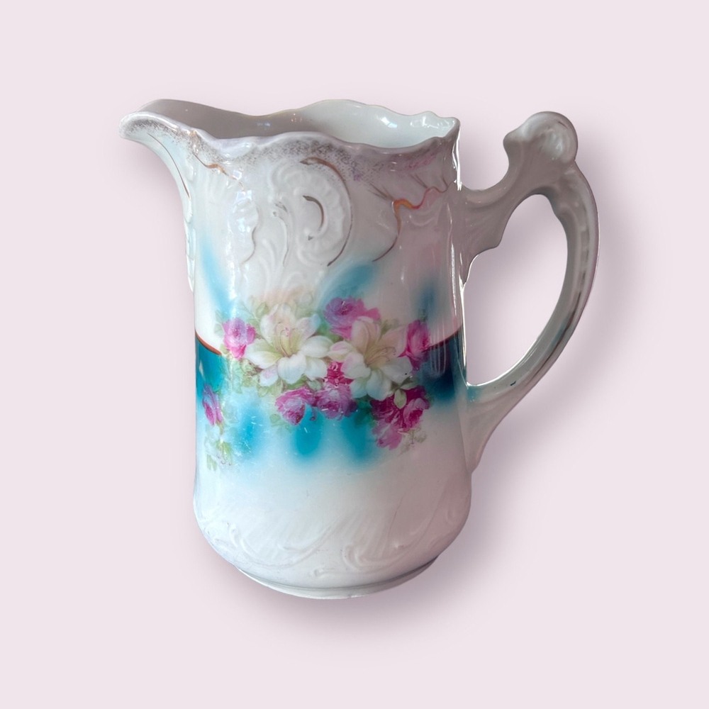 Shabby Chic Floral Pitcher White and Teal Vintage Pitcher Otnate Antique Pitcher - Picture 2 of 10